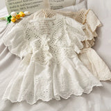 crocheted V-neck hollow lace shirt women 2021 summer new girl loose thin short-sleeved