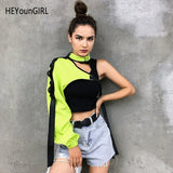 Neon Green One Shoulder Off Halter Top Harajuku Black Reflective Tshirt Women Hip Hop Street Wear Tee Shirt