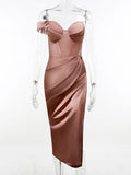 Women Midi Dress High Split Folds Clubwear Corset Bodycon Sexy Night Party Womens Elegant Christmas Robe New Year