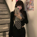 Y2k Two Piece Set Gothic Irregular Black Pullover Cloak+checkerboard Camis Tank Tops Korean Style Tee Tops Spring