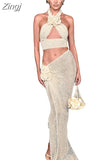Women New Y2K Knitting Hollow Apricot Elegant Two Pieces Sets Flower Halter Neck Short Vest&Hem Slitted Mermaid