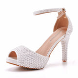 Fish Mouth High-Heeled Sandals Waterproof Table Sandals Fine Heel Pearl Beads Wedding Shoes Wedding