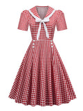 Vintage Scottish Plaid Party Dress Women Autumn Short Sleeve Bow Collar Belt Button A line Casual Swing Dresses