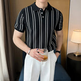 Summer High-End Short-Sleeved Men's Fashion Brand Striped Collar Ice Silk Knitted Half-Sleeved T-Shirt For
