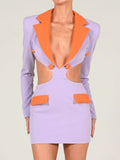 Hollow Out Backless Blazer Dress For Women Robe Autumn Notched Collar Full Sleeve Bodycon Party Mini Dress