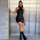 2022 Fashion Halter Sleeveless PU Leather Dress For Women Robe Slim Backless Zipper Skinny Mini Dress