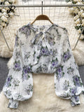 Korean Print Chiffon Shirt Bow Neck Long Sleeves Loose Leopard Top Casual Paisley Vintage Floral Blouse Spring