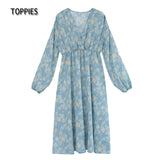 2021 Print Dress for Women Sexy V Neck Midi Dress Vestidos Long Sleeve A Line Elastic waist Long