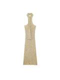 Beige Draped Halter Neck Knit Midi Dress- Outfit