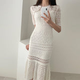 Hollow Out Women Knit Short Sleeve High Waist Bandage With Vest Midi Female Fashion Chic