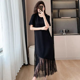 High-End Lace Splicing Dress 2025 Light Luxury Temperament Slim Thin Short Sleeve Black
