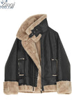 Faux Fur Coat Women Leather Jacket Autumn Winter Warm Plush Thick Outerwear Ladies Wool Fur Collar Zipper Basic