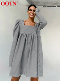 Black White Plaid Female Autumn Casual Mini Dress Puff Sleeve Square Neck Elegant Ladies Vintage A Line Women