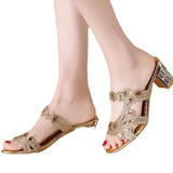 Zingj 2023 Summer Korean Rhinestone Slippers Women Wear Thick Heel With One-Flops Large Size Sandals- Outfit