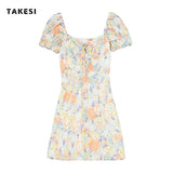 Summer Sweet French Floral Dress Elegant Square Collar Puff Sleeve Mini Vestidos Flower Print Fairy Dresses Ins Hot