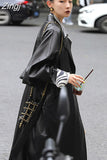 Spring Autumn Oversized Long Black Soft Pu Leather Trench Coat for Women Belt Double Breasted Luxury Korean Fashion