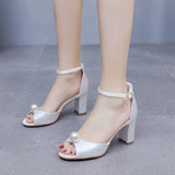 Cm Fish Mouth High-Heeled Sandals Shallow Pearl Large-Size Round-Head High Heels Bride Wedding Silk Satin Cloth Coarse