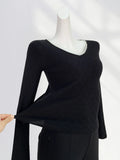 Zingj Temperament Commuter Black V Neck Nail Bead Sweater Women's New Early Spring Horn Sleeve Slim Long Sleeve