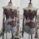 Real Shot Shoulder Tie-Dye Printing Mesh Hooded Design Long-Sleeved Irregular Folding Repair T-Shirt