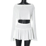 White Long Sleeve Crop Top And Micro Pleated Mini Skirt Set-Outfit