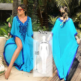 Blue Bohemian Embroidered Batwing Sleeve Side Split Summer Beach Dress Chiffon Tunic Women Plus Size Beachwear kaftan