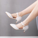 Cm White Lace Tip Sandals Low Heel Plus-Size Sandals Woman Lace Wedding Shoes Bridal