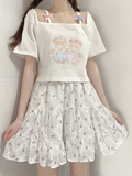 2024 Summer Sweet Crop Tops Women Bear Print Short Sleeve Y2k T-Shirt Off Shoulder Aesthetic Graphic T