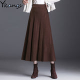 Thick Warm Women Pleated Skirt Lurex High Waist Knitted Sweater Skirts Korean Autumn Long A Line Midi Skirt Black