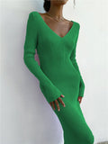 Fashion Women Long Sleeve Sweater Dress Casual Solid Color V Neck Knit Bodycon Party Dress for Beach Club