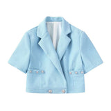 Women Fashion With Buttons Textured Cropped Jacket Coat Vintage Lapel Collar Short Sleeve Female Outerwear Chic