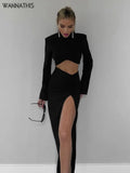 Women Fashion 2 Pieces Sets Irregular Padded Crop Tops High Split Skirts Autumn Skinny Sexy Casual Black 2022