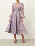 Fashion Temperament Dress Women 2025 New Long-Sleeved Dress V-Neck Print High-End Long Dress