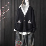style retro V-neck knitted cardigan women autumn new style art jacquard embroidery sweater women