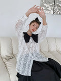 White Lace Polka Dot Peter Pan Collar Blouse Women Korean Fashion See Through Top Kawaii Cute Button Up Baggy