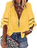 New V-Neck Zipper Shirt Half-Horn Sleeve Grid Spliced Loose Casual Shirt For