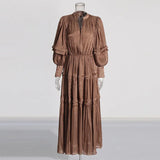 Commuting Style Dress Women 2025 New Comfortable Leisure Lantern Sleeves Tight Waist Solid Color
