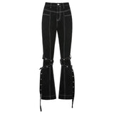 Emo Punk Lace Up Baggy Jeans Women 90S Goth Black Pants Streetwear Pockets Patchwork Wide Leg Cargo Jeans Low Waist