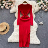 Zingj Sister Senior Sense Red Temperament Long Sleeve Knit Dress Autumn Women's Hot Girl Accept Waist Open Slit Wrapped Hip