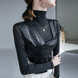 Women Patched Fashion Mesh T Shirts Lady High Stretch Turtleneck Tshirt Woman Autumn Chic Top