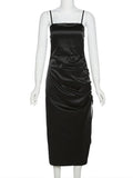 Christmas Cami Midi Dress Women Satin Shirring Side Split Elegant Bodycon Sexy Party Chic Clubwear New Year Dress