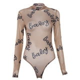 Jumpsuits Sexy Letter Print Transparent Mesh Bodysuits Long Sleeve See Through Baby Bodycon Rompers 2021 tops