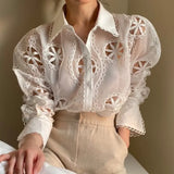 Zingj Chic Summer Court Style French Vintage Heavy Industry Lace Hollow Lantern Sleeves Lapel Shirt Jacket