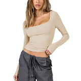 Women's Sexy Long Sleeve Crop Top Solid color, Slim fit top Spicy Girl T-shirt U-neck long sleeved shirt Y2K
