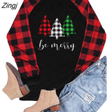 Christmas Tree Print Women T Shirt Contrast Buffalo Black and White Stitching Plaid Long Sleeves Tee Shirt