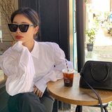 2021 New Women White Shirt Puff Long Sleeve Turn Down Collar Korean Office Lady Chic Elegant Blouse Female Fashion