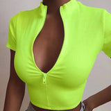 Hot Fashion Slim Fit Zipper Stretch Knitted T Shirt Women Female Bustier Corset High Neck Skinny Croped tee lady