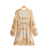 Queens Women Chiffon Floral Print Front Button Lining Beach Bohemian Mini Dress Long Sleeve Drawstring Boho