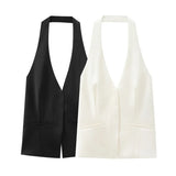2025 New Women's Fashion Simple V Neck Open Back Hanging Collar Vest Top