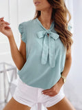 Women Blouses Butterfly Short Sleeves Shirt Summer Bow Lace Up Polka Dot Female Tops Ruffle Pullover Vintage Blusa