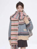 Blue Printed Stand Collar Knitted Cardigan- Outfit